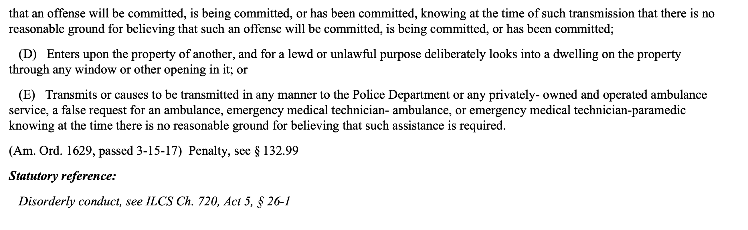 § 132.01 Disorderly Conduct Marseilles, Illinois