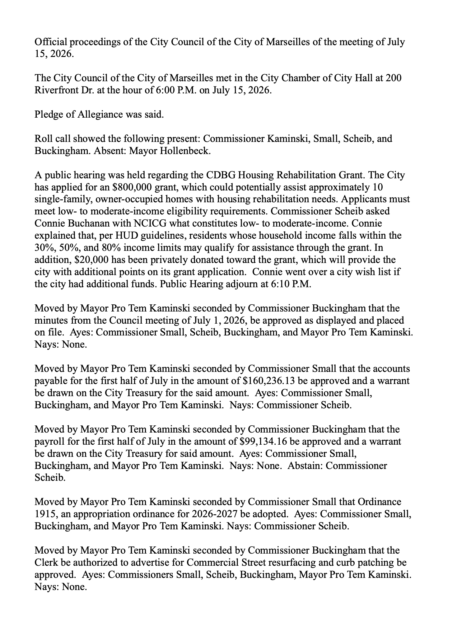 City Council Meeting Minutes 7/15/26